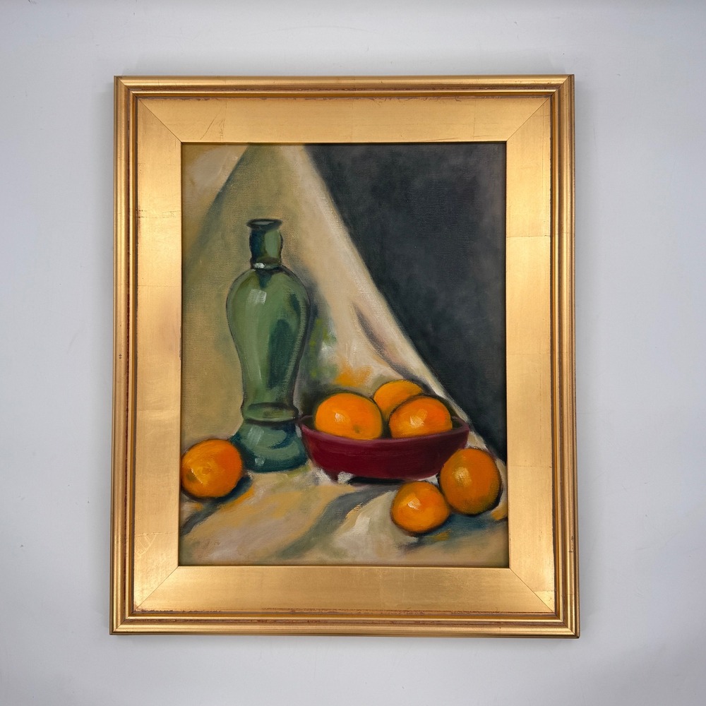 Vintage Oil Painting Still Life of Oranges & Green Glass Bottle Framed